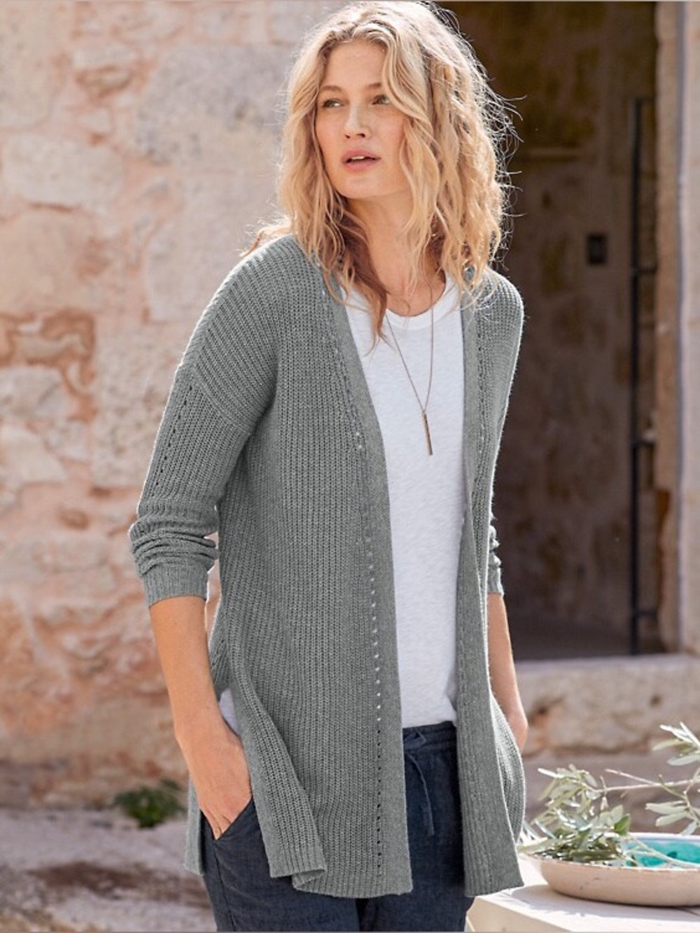 Garnet Hill Rib Detail Pointelle Linen Organic Cotton Blend Grey Open Cardigan